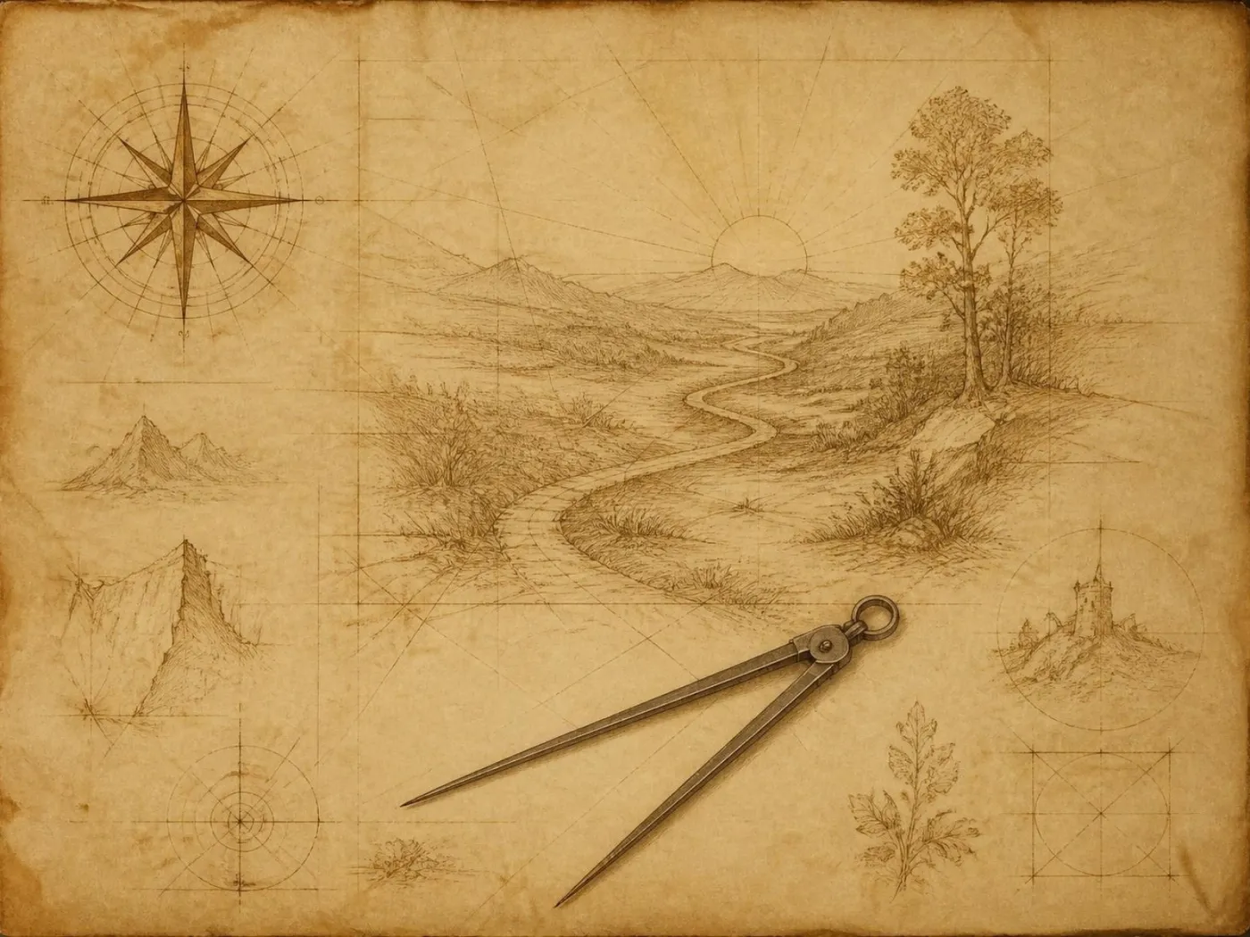 A notebook sketch of a compass rose and a map with a path to a rising sun.