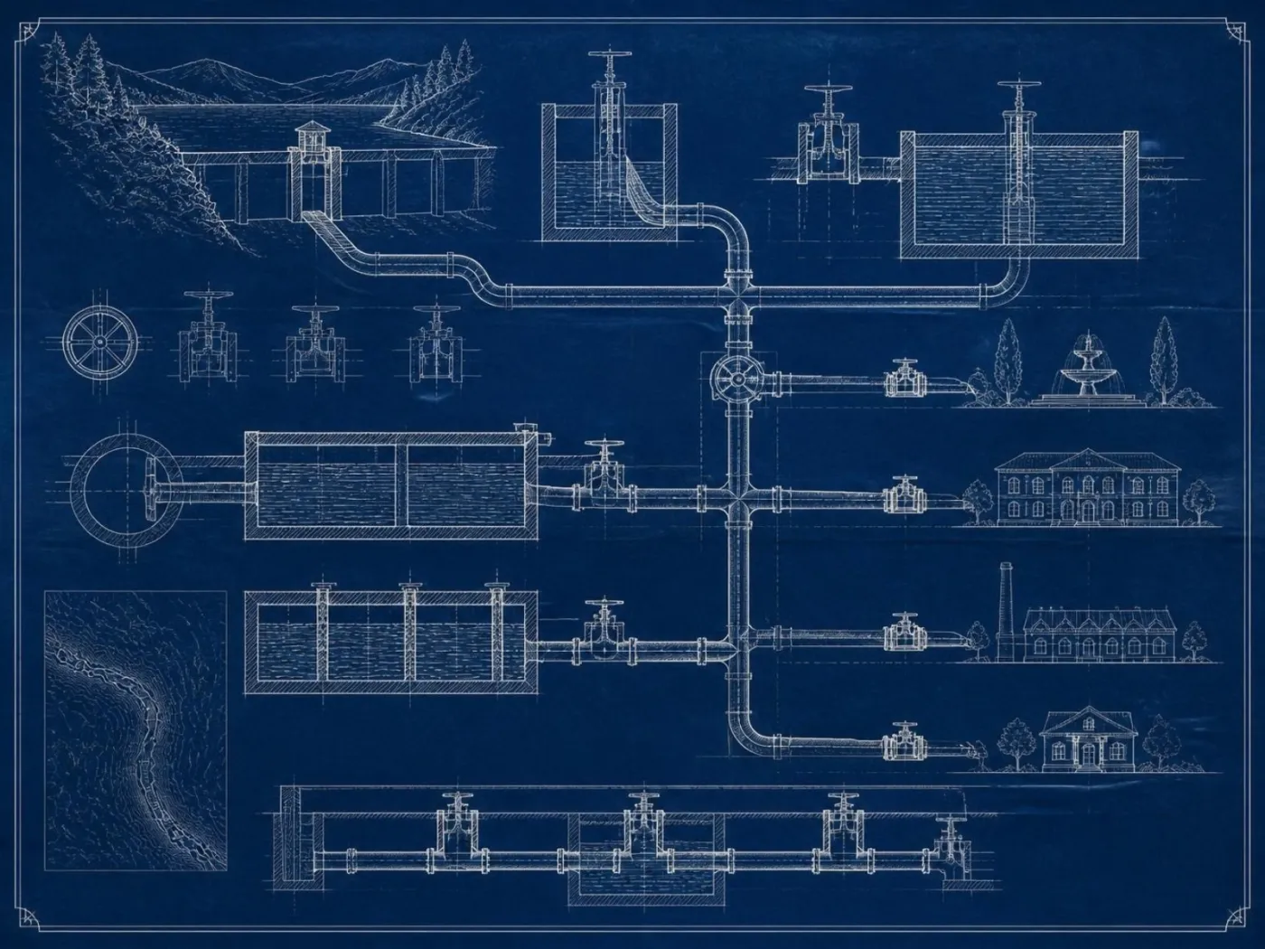 A blueprint of channels and valves carrying water to several basins.