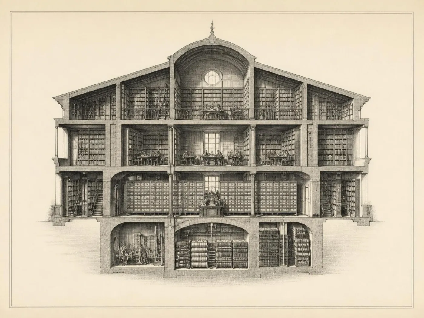 An engraving of a library in cross-section.