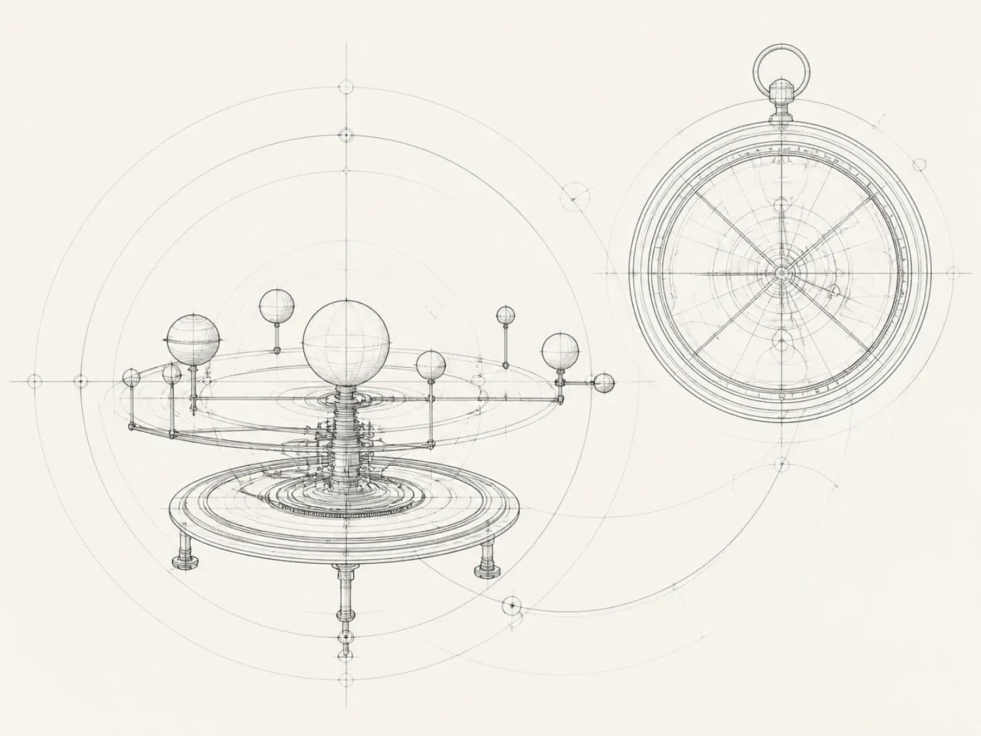 A fine line drawing of an orrery.