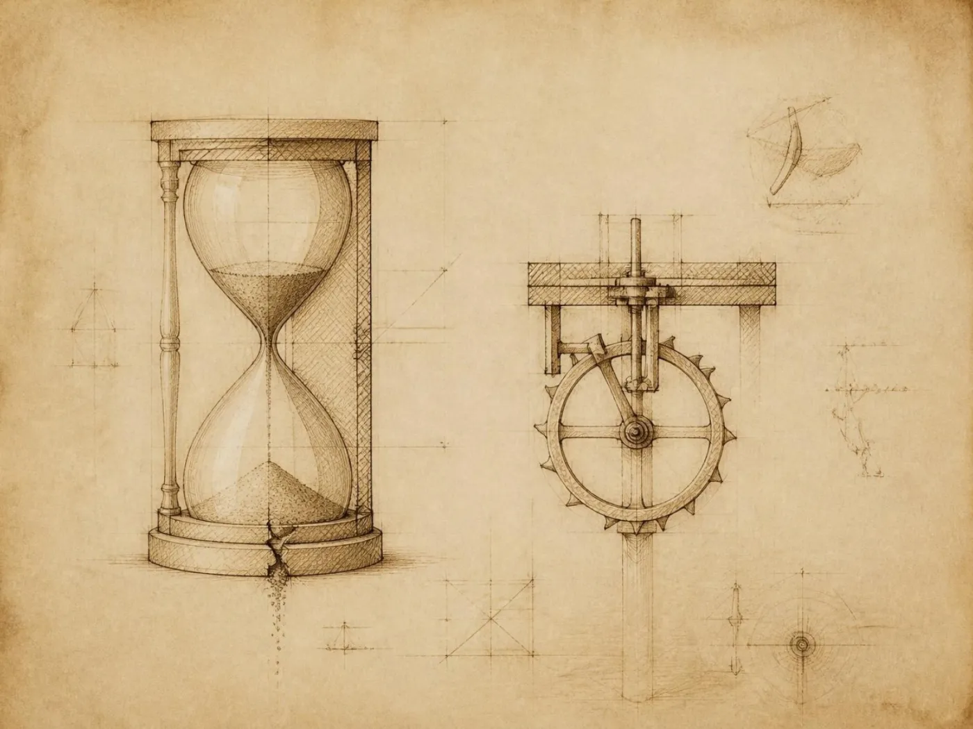 A notebook sketch of an hourglass and a clock escapement, sand slipping out through small cracks.